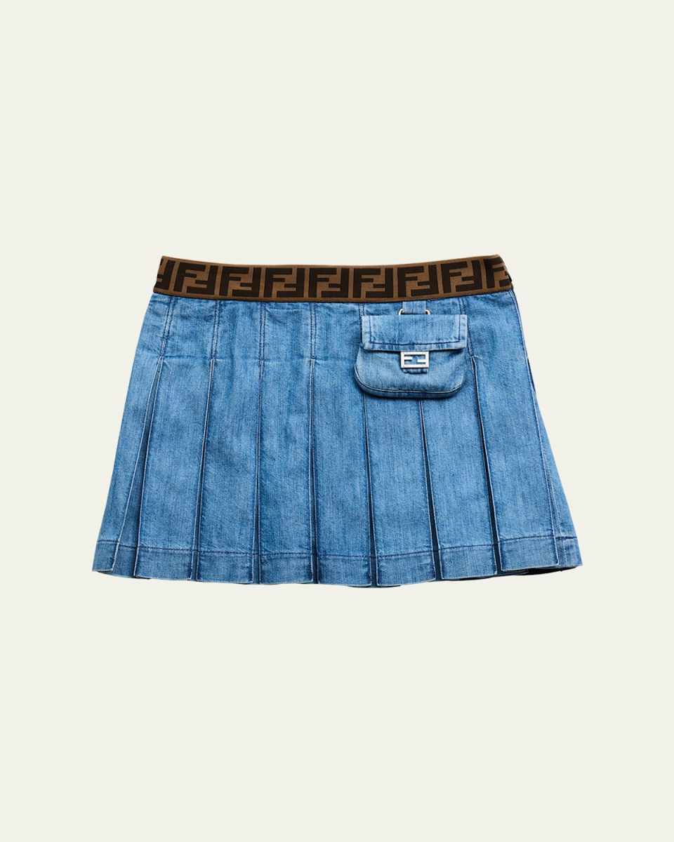 Girl's Pleated Monogram Denim Skirt, Size 3-